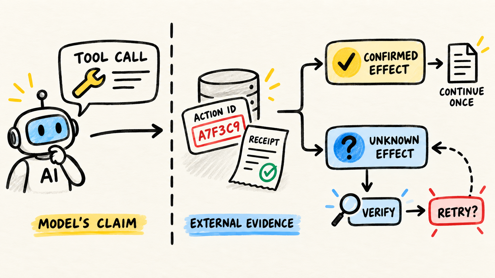 Diagrama muestra una tool call de un agente cruzando una frontera de evidencia externa antes de continuar o verificarse.
