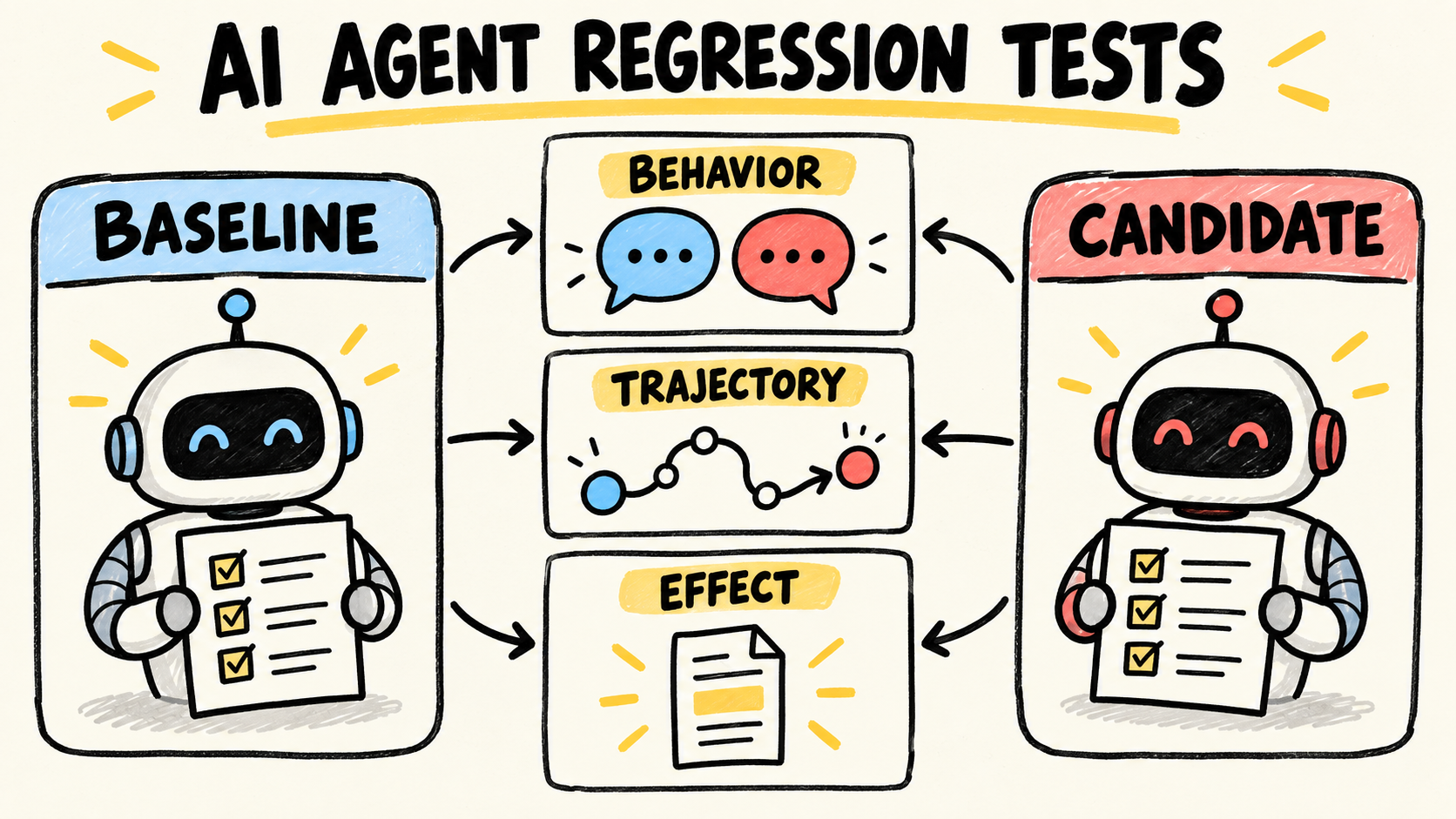 Diagram comparing a baseline and candidate AI agent by behavior, trajectory, and effect.