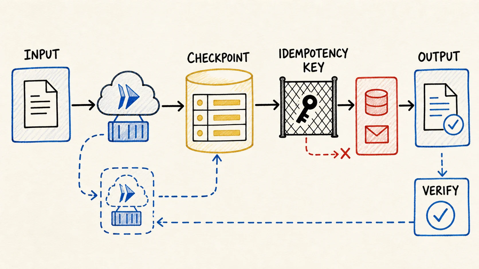 Diagrama mostra uma pipeline com checkpoint persistente e uma chave de idempotência bloqueando uma saída duplicada.