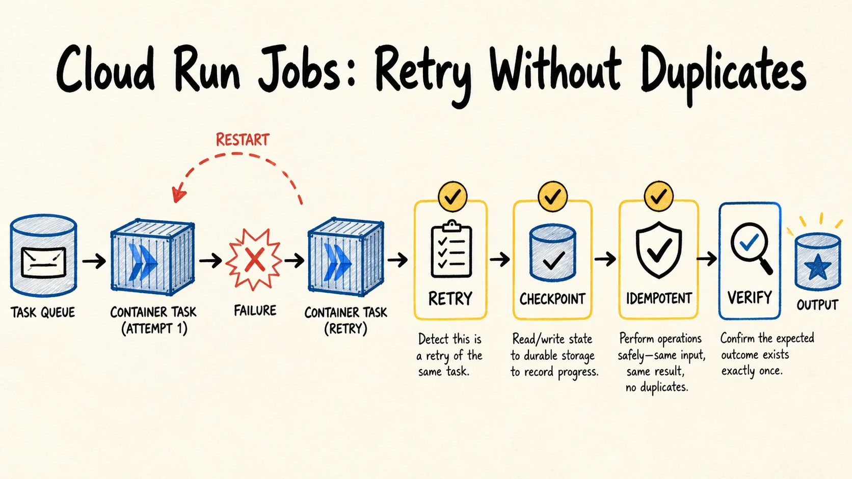 Diagrama mostra uma task do Cloud Run reiniciando e passando por retry, checkpoint, idempotência e verificação.