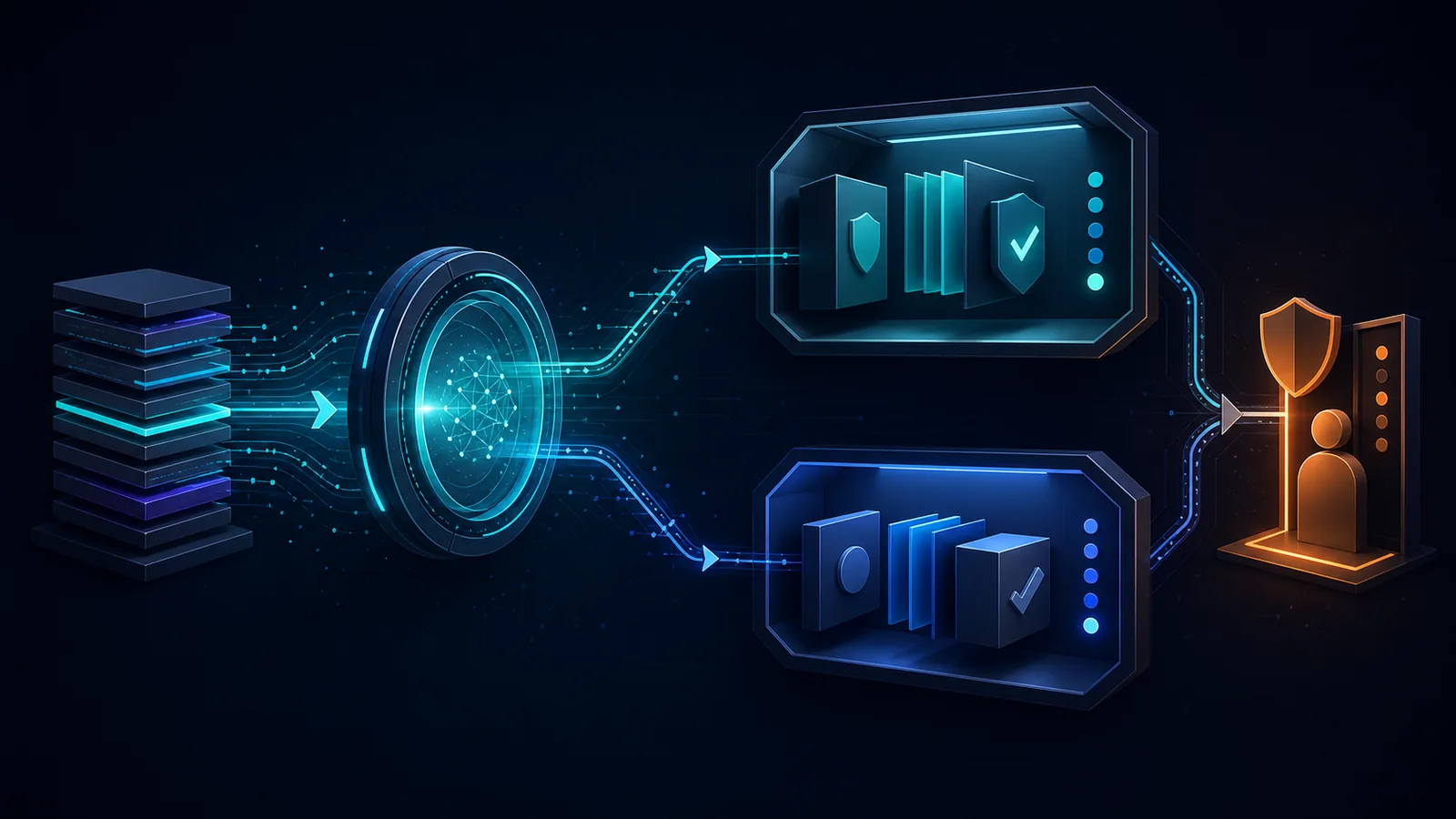 An abstract flow moves code changes through isolated analysis, verification, and human approval with no visible text.