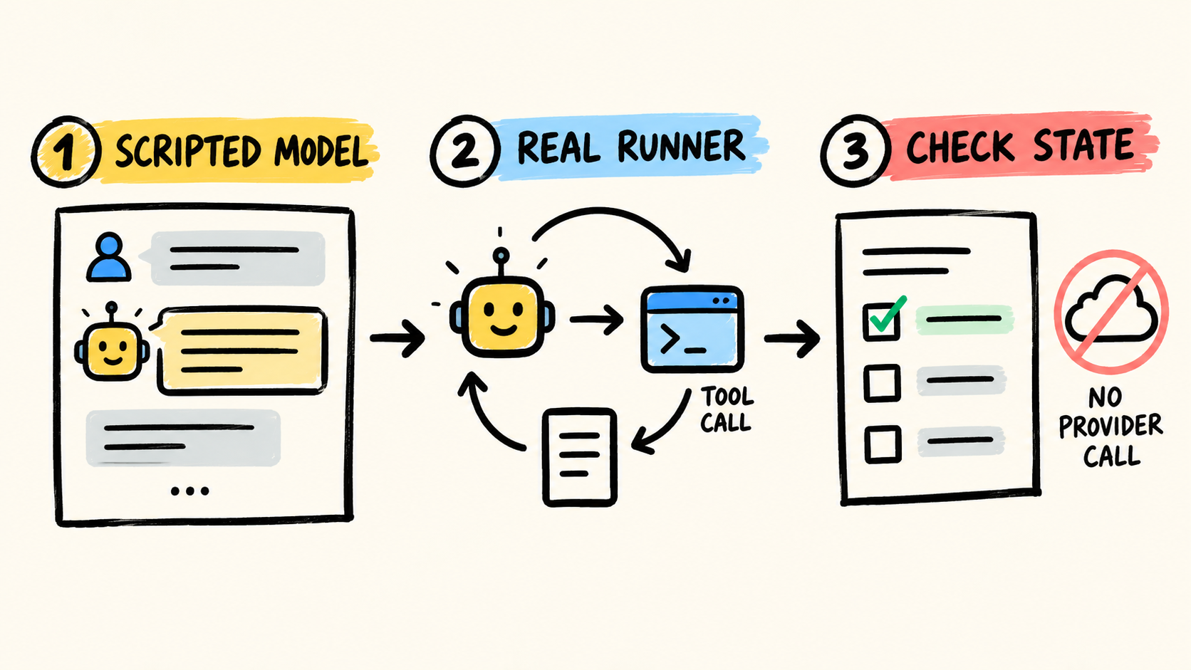 Diagram showing a scripted model driving the real runner to a state check without a provider call.