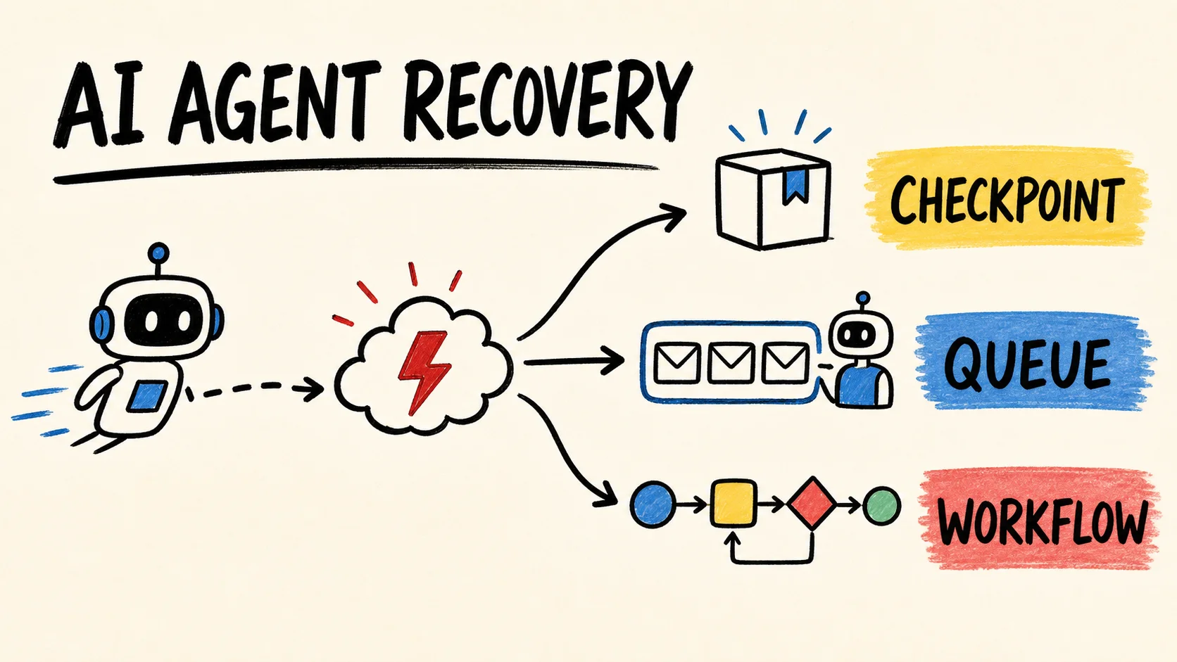 Diagrama muestra un agente de IA recuperando una ejecución mediante checkpoint, cola o workflow después de un fallo.