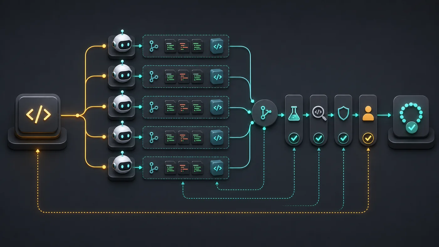 Fluxo visual de subagentes convergindo para gates de verificação