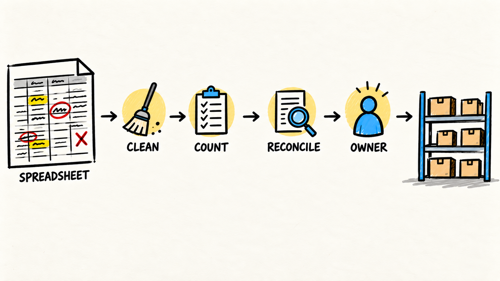 Diagram showing inventory data moving from a spreadsheet through cleanup, counting, reconciliation, and ownership before the opening balance.