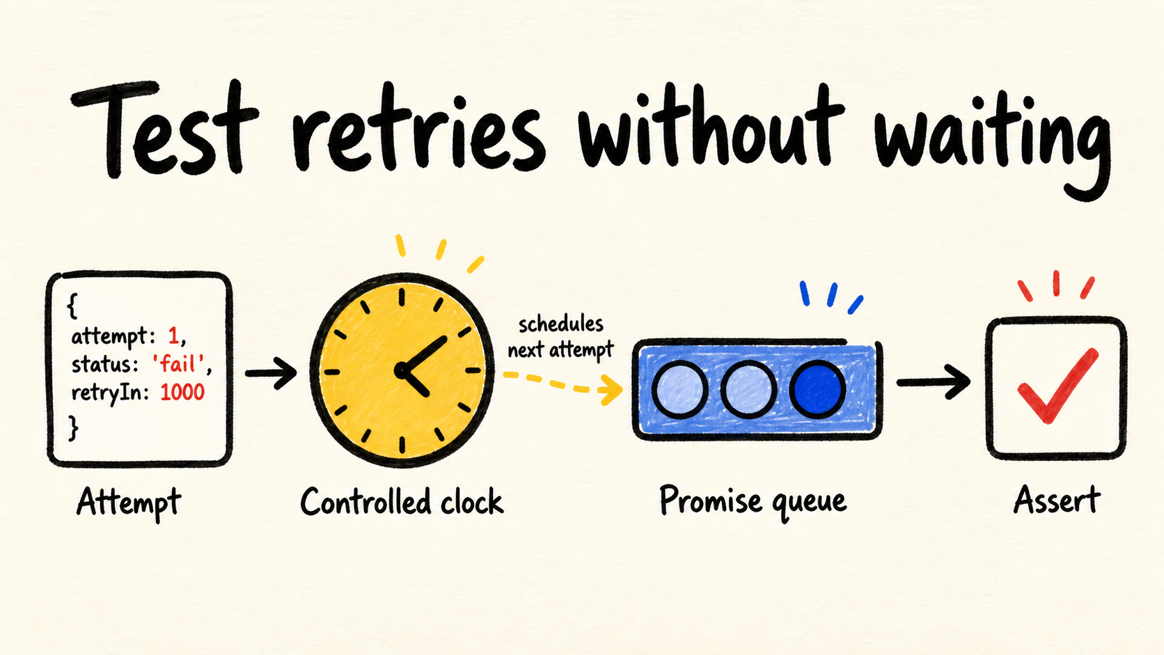 Diagrama de una prueba de reintentos con reloj controlado, cola de Promises y aserción.