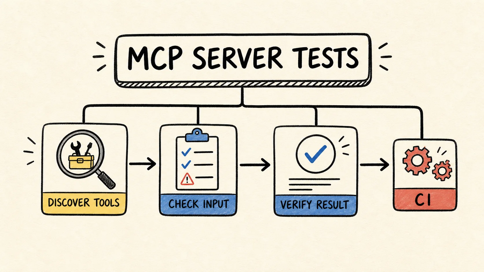 Diagrama mostra um cliente descobrindo ferramentas MCP, enviando uma chamada e verificando o resultado antes do CI.
