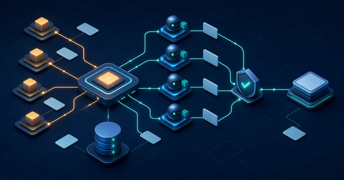 An abstract architecture distributes tasks among coding agents and gathers evidence before the final output, with no visible text.