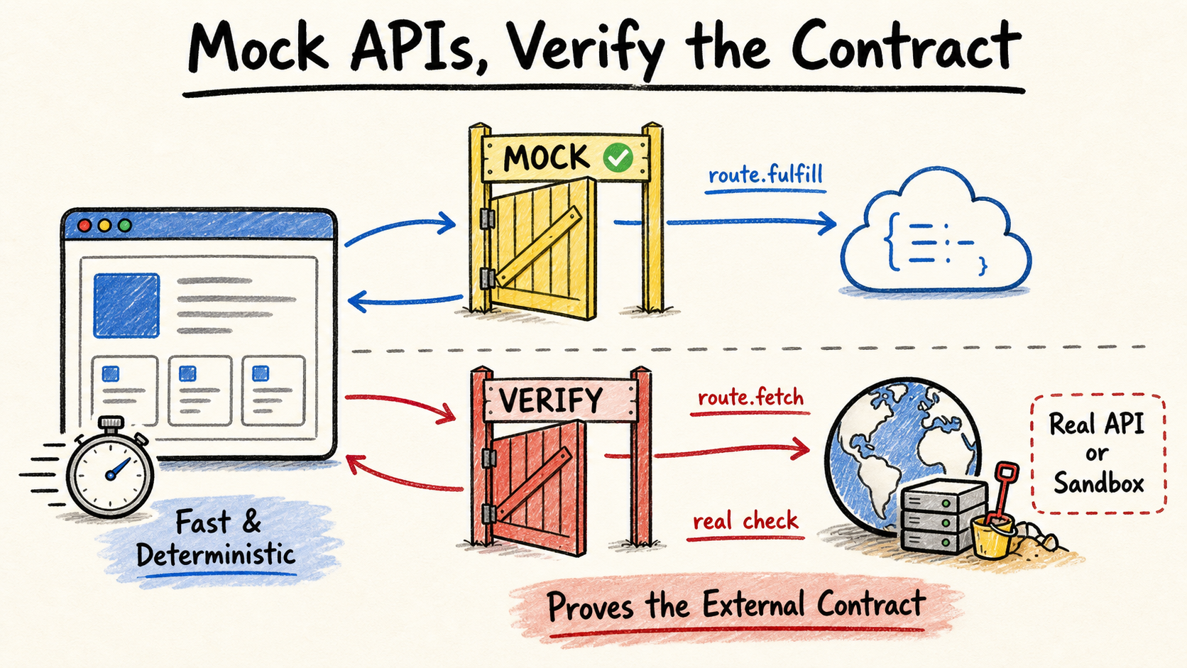 Diagrama compara um mock de API rápido no Playwright com uma verificação real do contrato externo.
