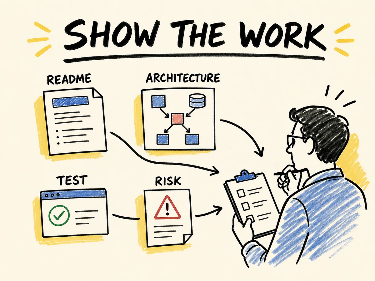 Diagram showing a README, architecture, test, and risk becoming an engineering review.