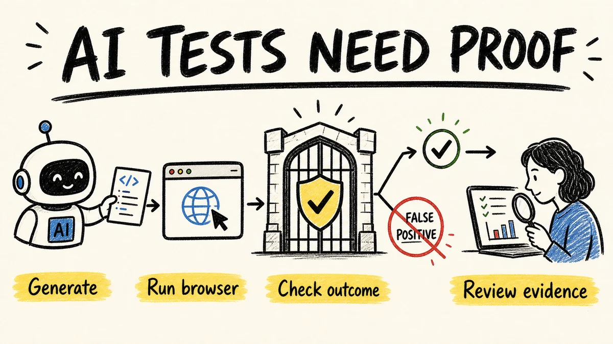 Diagram showing an AI-generated Playwright test moving through the browser, outcome verification, and evidence review.