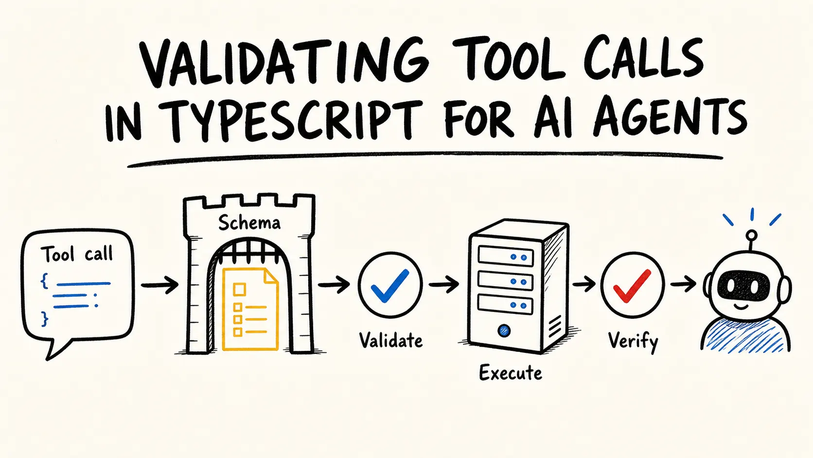Diagrama que muestra un tool call pasando por schema, validación, ejecución y verificación antes de volver al agente.