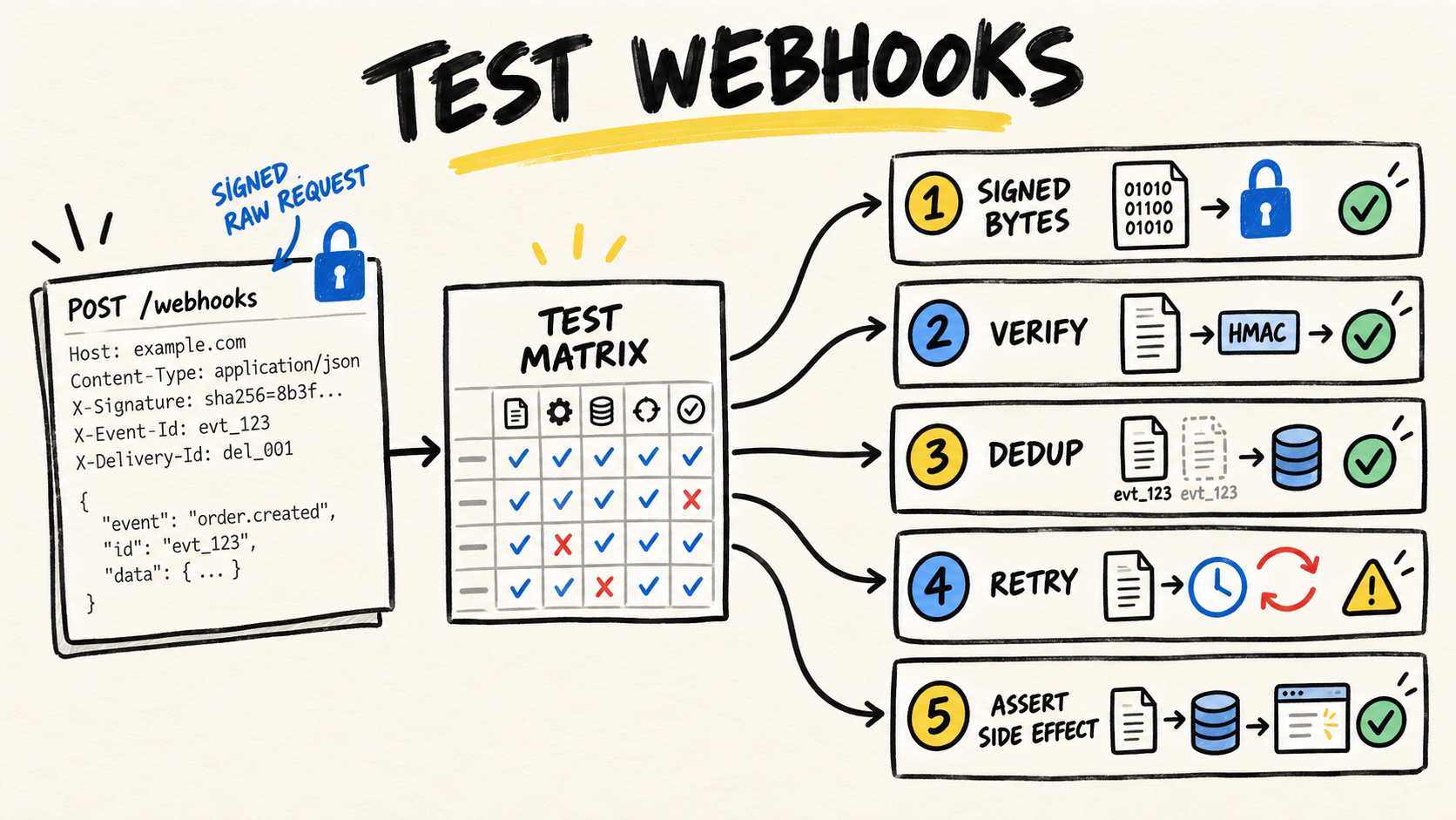 Diagram showing a signed webhook request entering a test matrix with verification, deduplication, retry, and confirmed side effect.